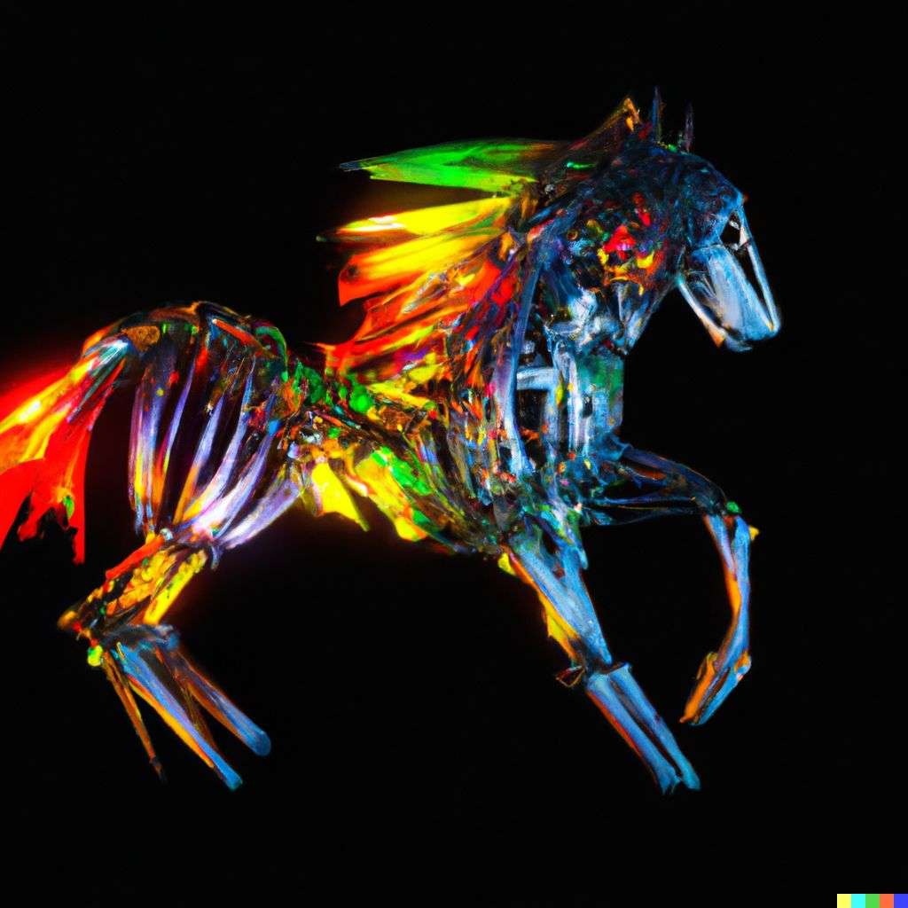 a horse, made from glowing multicolored luminescent sheets of metal, digital art